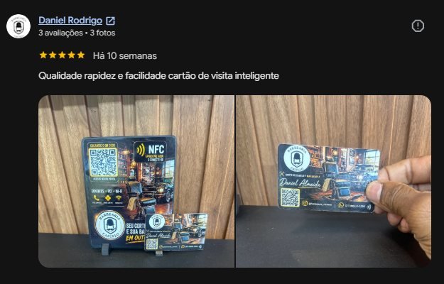 Avaliação no Google da Barbearia Castelo com fotos do cartão e do display NFC entregues pela Impux Digital