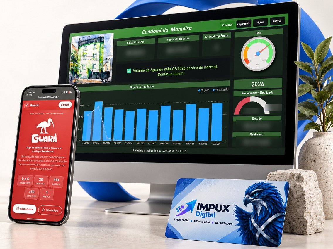 Painel de BI do Condomínio Monalisa no computador, site do jogo Guará no celular e cartão da Impux Digital